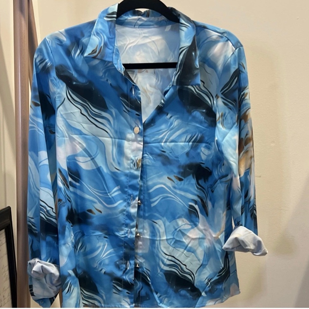 Blue Abstract Satin Button-Up Top - Brand Unspecified